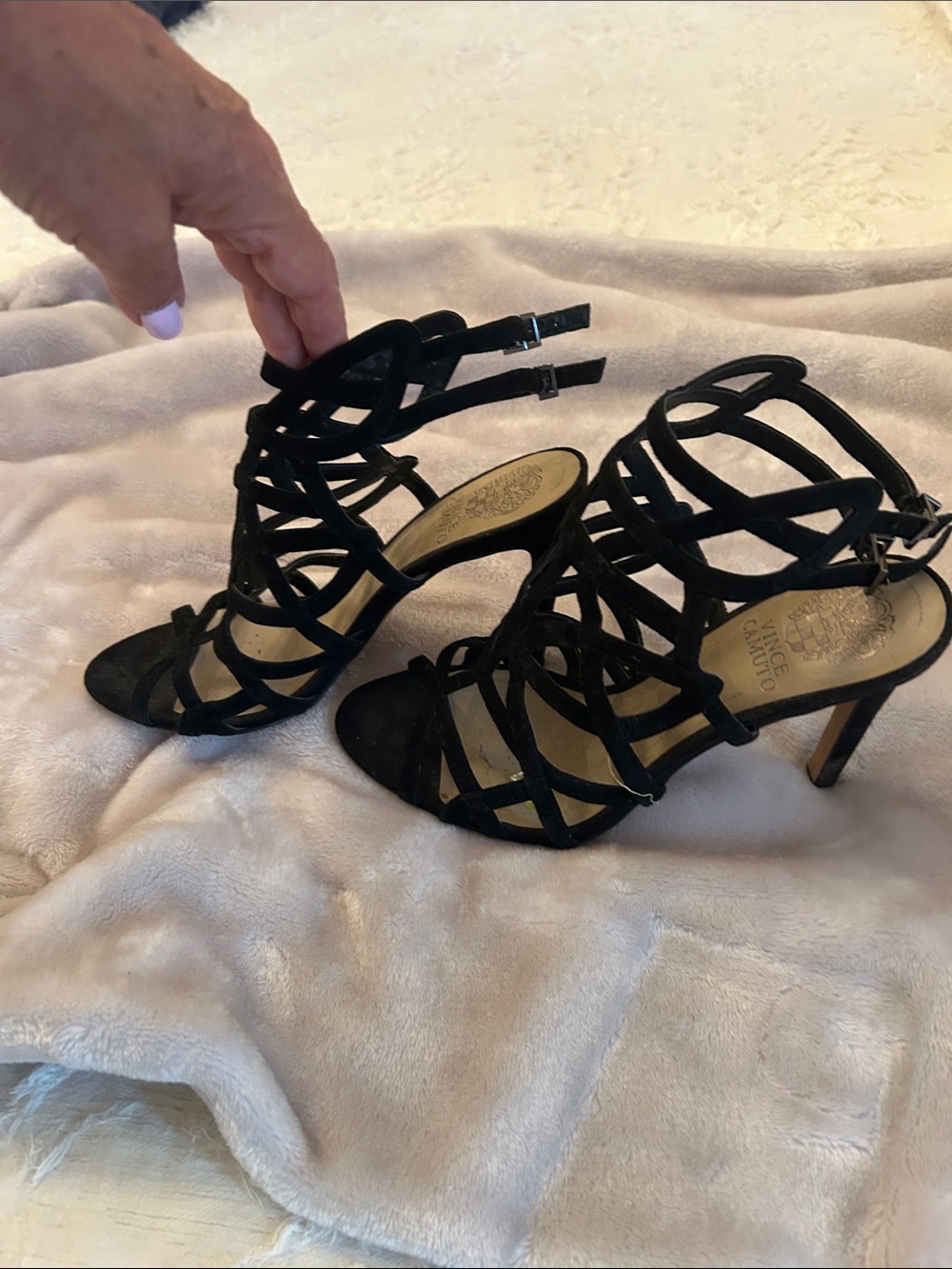Vince Camuto Black Strappy Suede Heeled Sandals